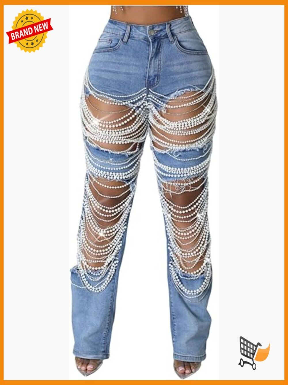 High Waisted Ripped Baggy Jeans with Rhinestones Pearl Chains Distressed Denim